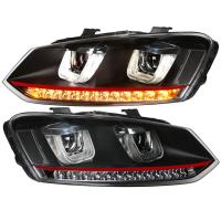 Передние фары Фольксваген Поло седан 2009-2020 стиль Red Line, комплект:Л+П, бифокальная линза, ДХО, арт:MF-HL-000215